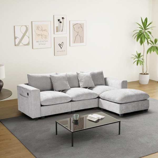 Lucca 99 in. Square Arm 4-Piece Chenille Modular Sectional Sofa Ottoman Set with USB Charge Port in Light Gray