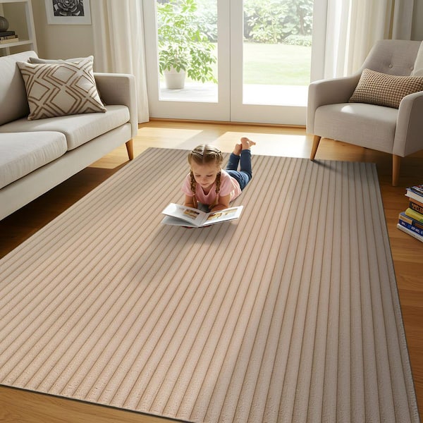 UltraPlush Touch 5 ft. x 7 ft. Beige Non-Slip Rubber Back Washable Polyester Stripes Indoor Area Rug