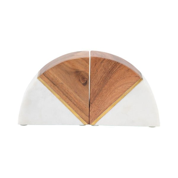 Sagebrook Home White 5 in. x 5 in. Stone Bookends with Wood and Brass Detail (Set of 2)
