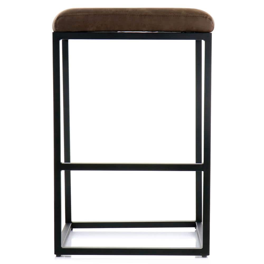 Brown Faux Leather Backless Bar Stools with Metal Base, Set of 2