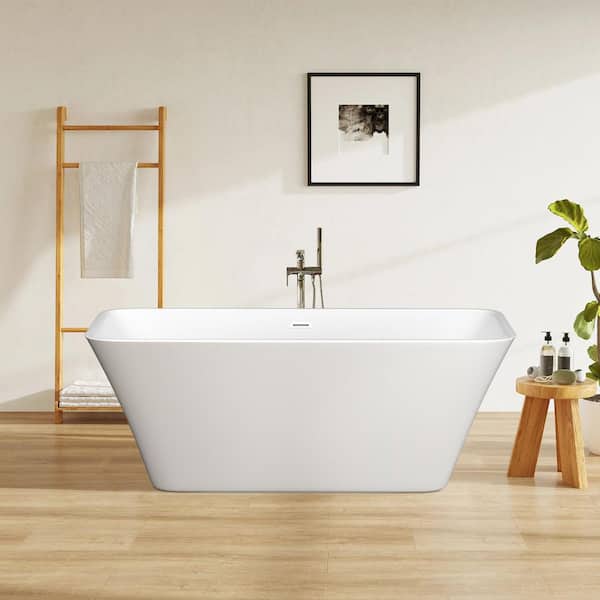 FORCLOVER 67 in. Acrylic Flatbottom Alcove Freestanding Soaking Bathtub in White