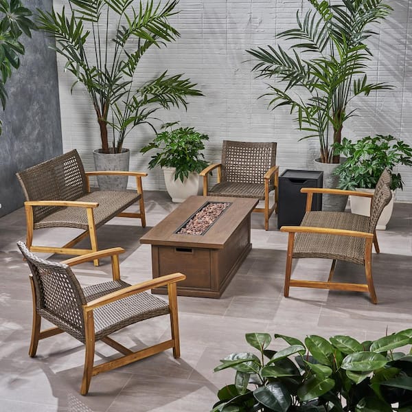 Noble House Breakwater Natural Finished 6-Piece Wood Outdoor Patio Fire Pit Seating Set