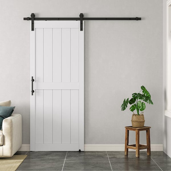 34 in. x 96 in. 2-Panel Plank White MDF Interior Sliding Barn Door with Hardware Kit