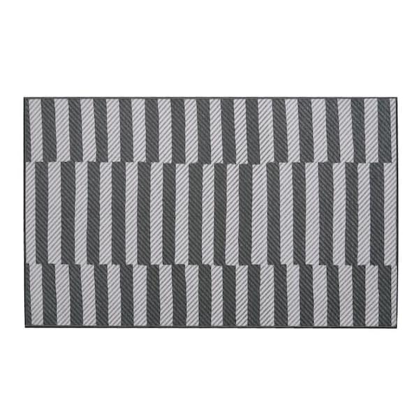 My Magic Carpet Tratti Offset Black Cream 3 ft. x 5 ft. Striped Washable Area Rug