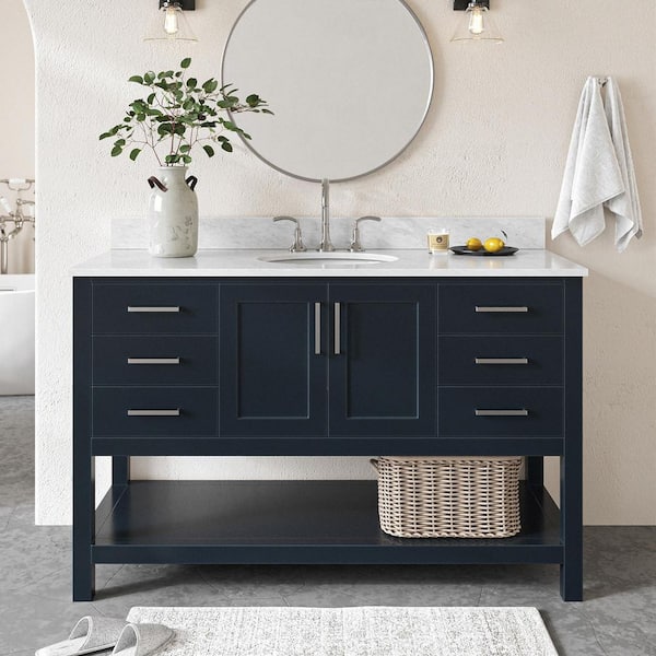 ARIEL Magnolia 54 in. Single Sink Freestanding Bathroom Vanity in Midnight Blue with 0.75 in. Carrara White Marble Top