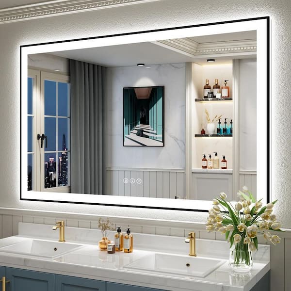 60 in. W x 40 in. H Rectangular Framed Front and Back LED Lighted Anti-Fog Wall Bathroom Vanity Mirror in Tempered Glass