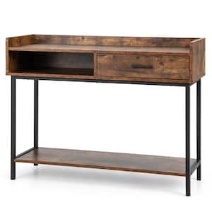 39.5 in. Rustic Brown Rectangle Wooden Long Couch Side Console Table with Drawer Metal Frame for Living Room Entryway