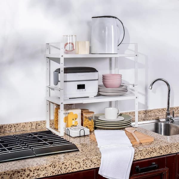 2-Shelf Expandable Cabinet Organizer Rack, Stackable Kitchen Counter Storage Shelves Stand, Adjustable Height, White