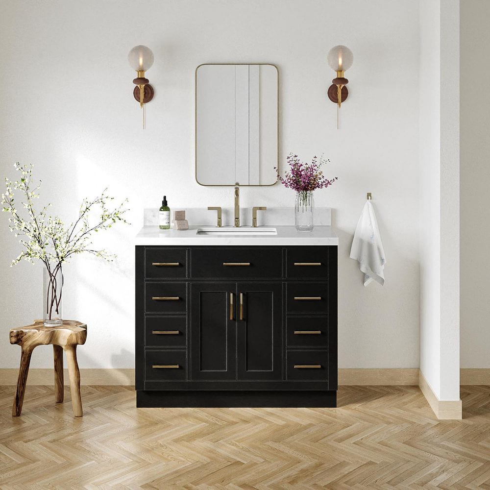 Hepburn 42 in. Single Sink Freestanding Bath Vanity in Black with Carrara White Quartz Top & Sidesplash price history on PriceWatchPro