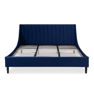 Aspen 79 in. Velvet Vertical Tufted Upholstered King Modern Platform Bed Frame with Headboard in Navy Blue