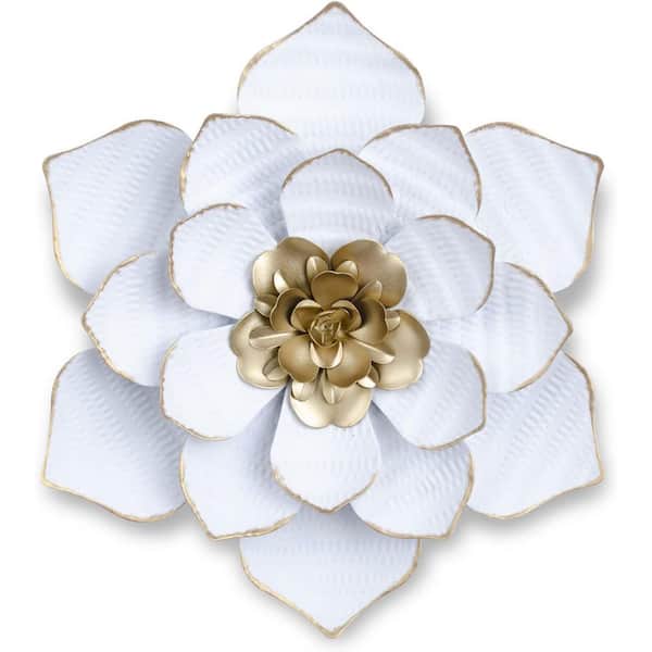 9.5 Inch Metal Flowers Wall Decor 3D Layered Floral Wall Decoration White Home Wall Sculpture Art