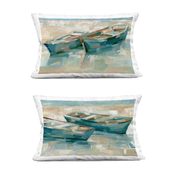 Stupell Industries Rowboat Pairs Washed Ashore Blue Print Polyester 14 in. X 20in. Throw Pillow, Set of 2