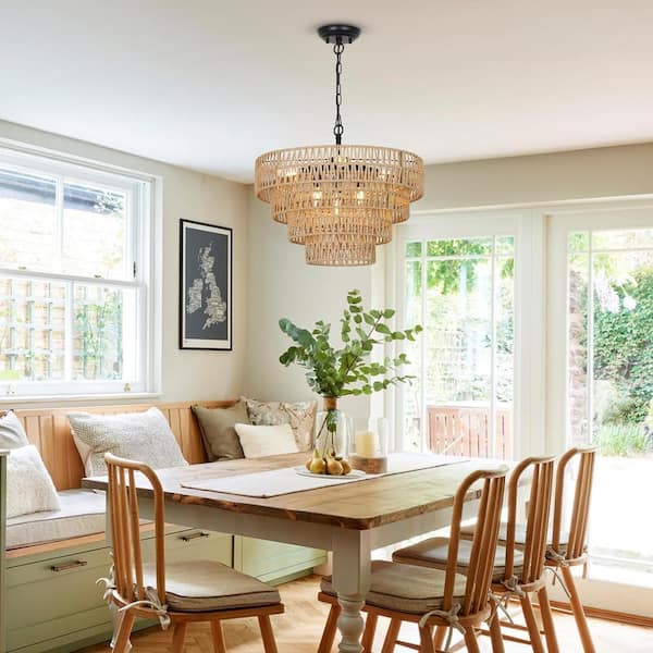 Boho 20 in. 6-Light Beige Rattan Pendant Light Chandelier