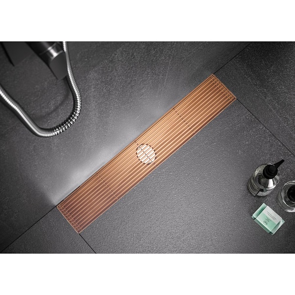 30 in. Linear Stainless Steel Shower Drain with Bar Pattern in Rose Gold