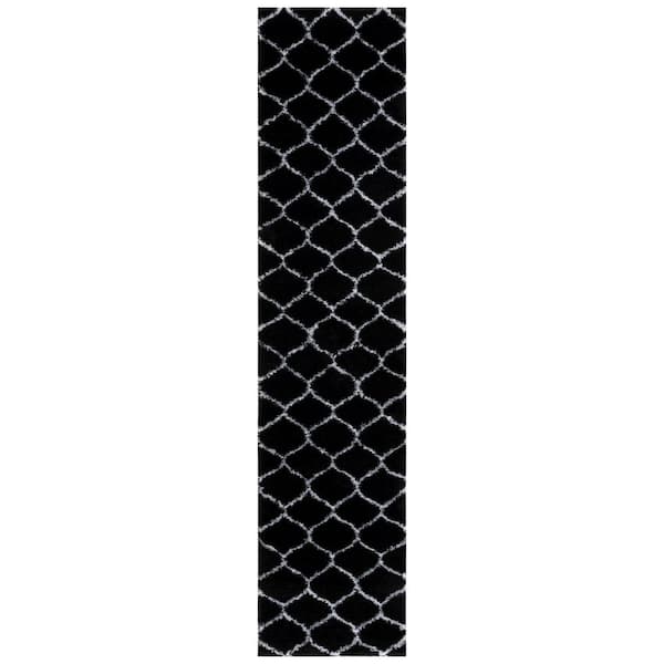 Tahoe Shag 2 ft. x 9 ft. Black/White Trellis Modern Runner Rug