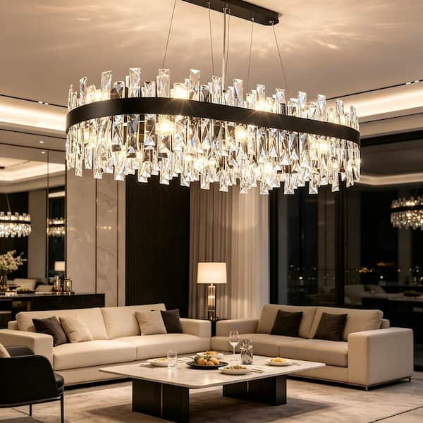 BISEYHUX 12-Light Matte Black Liner Crystal Chandelier, 35 in