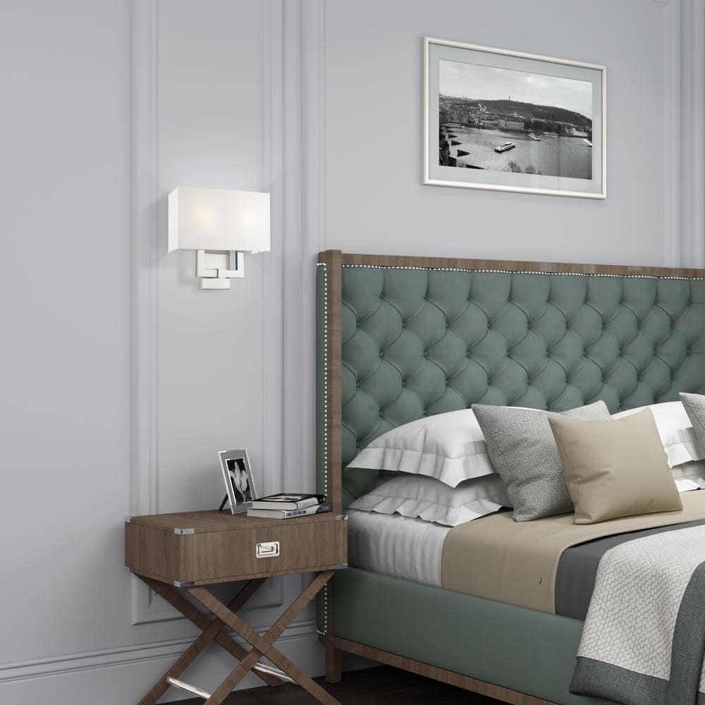 Hollborn Brushed Nickel 2-Light Wall Sconce with Off-White Fabric Shade
