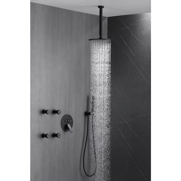 Luxury Rainfall Single Handle 2-Spray Shower Faucet 1.8 GPM with Push Button Diverter and 4-Body Jets in Matte Black