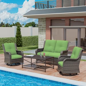 4-Piece Wicker Patio Conversation Set Loveseat Sofa Coffee Table with Green Cushion