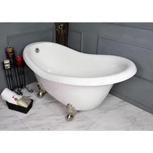 60 in. AcraStone Acrylic Slipper Clawfoot Non-Whirlpool Bathtub in White with Large Ball and Claw Feet in Satin Nickel