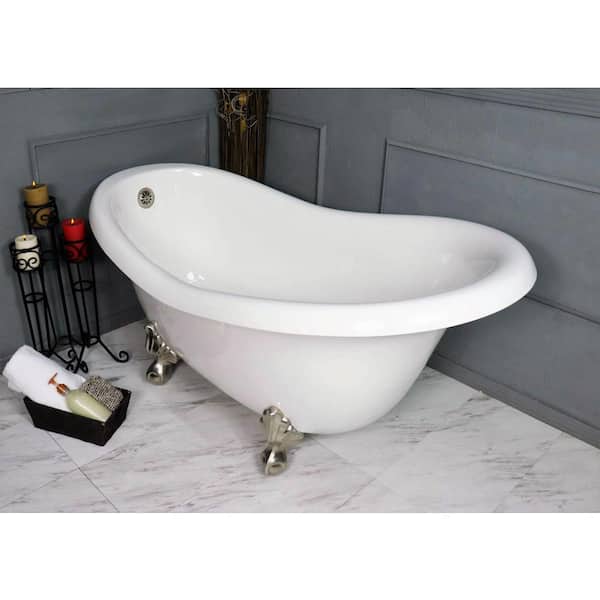 American Bath Factory 60 in. AcraStone Acrylic Slipper Clawfoot Non-Whirlpool Bathtub in White with Large Ball and Claw Feet in Satin Nickel