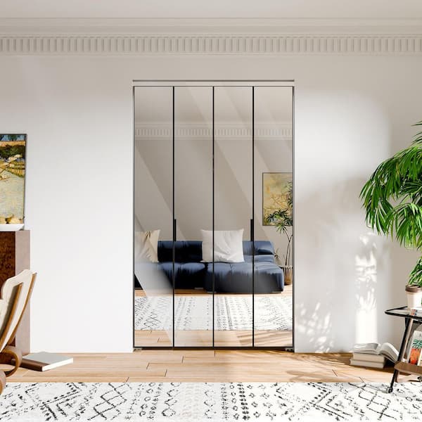48 in. x 80 in., Mirrored Glass, Black, Hollow Core, MDF, Aluminum Frame, Full Lite Bi-fold Doors with Hardware Kits