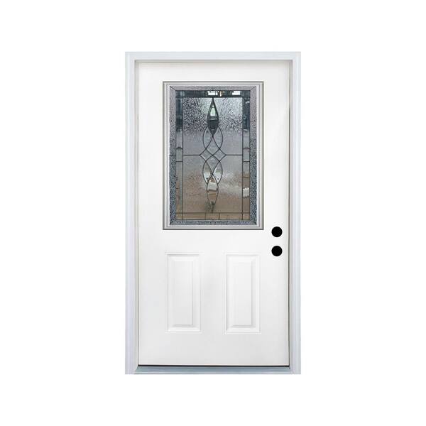 36 in. x 80 in. 2-Panel Left-Hand 1/2 Lite Decorative Glass White Fiberglass Prehung Front Door with Threshold, Hinge