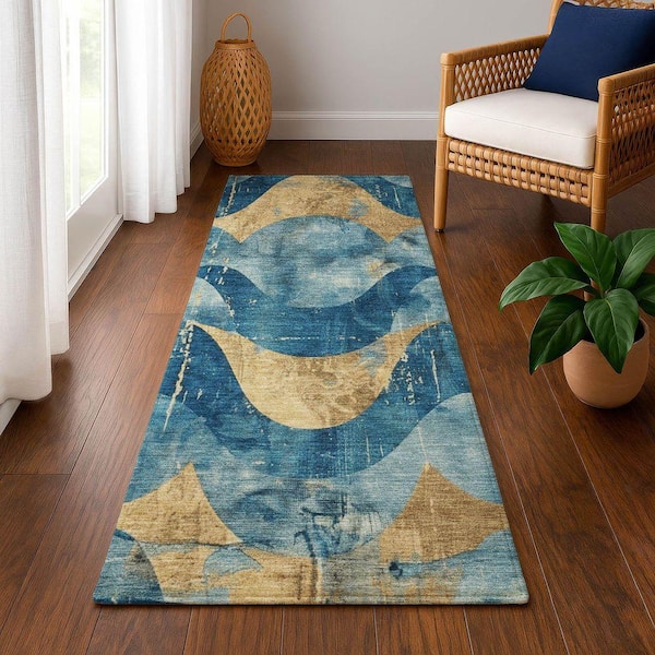 Mayfield Premium Machine Washable Abstract AMF1786 Teal 2 ft. 3 in. x 7 ft. 6 in. Runner Rug