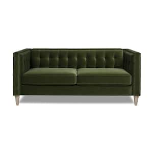 James 74 in. Straight Arm Velvet Modern Tuxedo Sofa with Natural Wood Legs in Olive Green