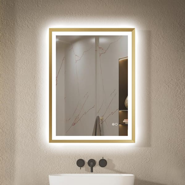 FORCLOVER 24 in. W x 32 in. H Rectangular Framed Anti-Fog Dimmable Wall Bathroom Vanity Mirror in Brushed Gold