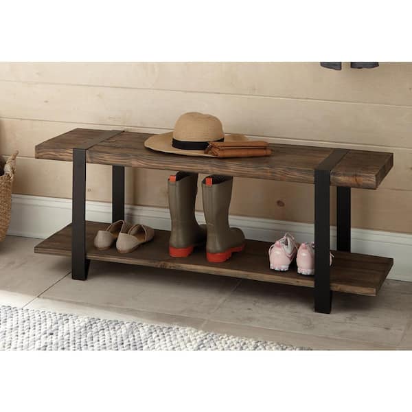 Alaterre Furniture Modesto 48 in. Solid Wood Entryway Bench with Shelf, Rustic Natural Finish with Black Metal Legs and Strap Accent