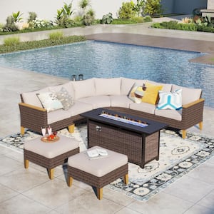 Brown Rattan Wicker 8-Seat 9-Piece Steel Outdoor Fire Pit Patio Set with Beige Cushions and Rectangular Fire Pit Table