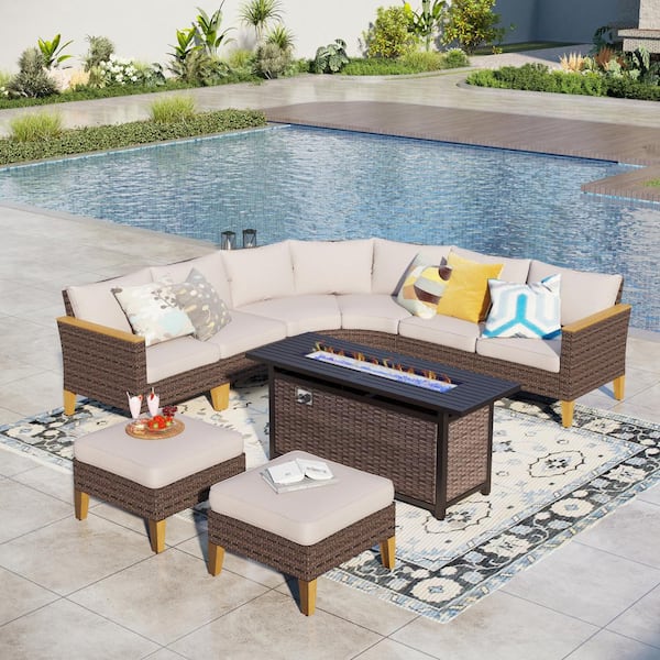 PHI VILLA Brown Rattan Wicker 8-Seat 9-Piece Steel Outdoor Fire Pit Patio Set with Beige Cushions and Rectangular Fire Pit Table