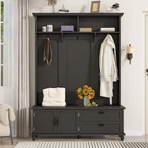 Modern Style Hall Tree with Storage Cabinet and 2 Large Drawers, Widen Mudroom Bench with 5 Coat Hooks, Black