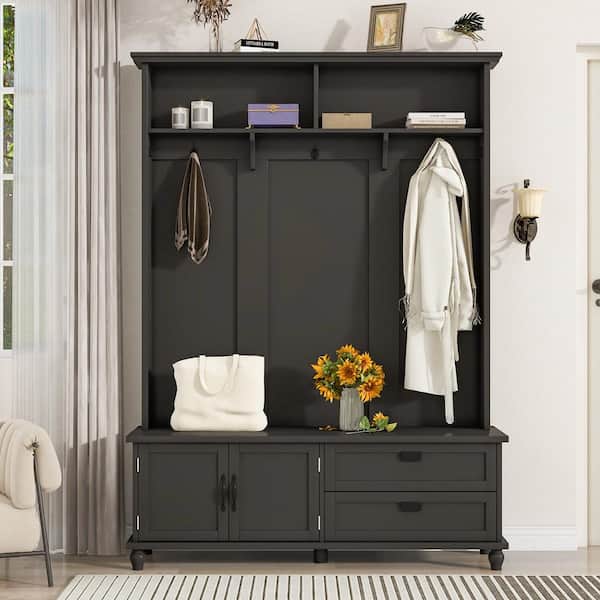 Unbranded Modern Style Hall Tree with Storage Cabinet and 2 Large Drawers, Widen Mudroom Bench with 5 Coat Hooks, Black