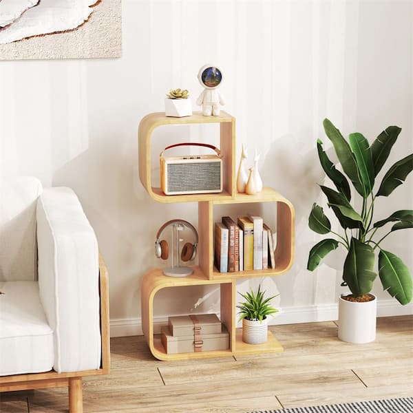 39.5 in. Tall Natural Bamboo 3-Shelf S-Shaped Bookcase w/ 2-Open Cubes Geometric Corner Display Shelf