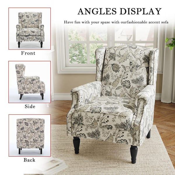 Uixe Retro Plants Beige Linen Nailhead Trim Upholstered High Back