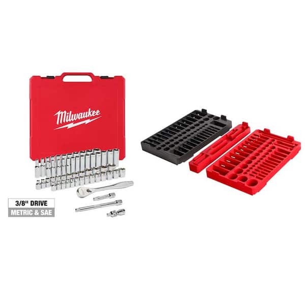 Milwaukee 3/8 in. Drive SAE/Metric Ratchet and Socket Mechanics Tool Set (56-Piece) with Metric and SAE Ratchet and Socket Trays