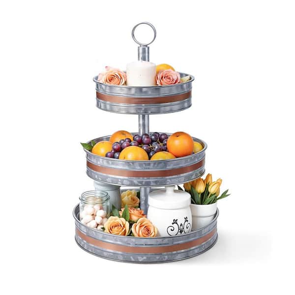 3 Tiered Silver Round Metal 13 in. Seafood Tower Decorative Tray