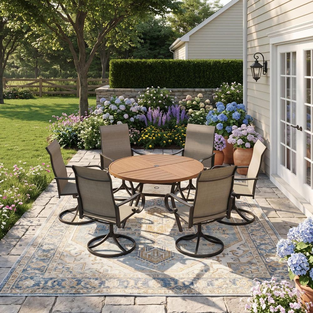 7-Piece Metal Outdoor Dining Set with 47.2 in. Walnut Round Table and 6 Textilene Swivel Dining Chairs with Brown Fabric price history on PriceWatchPro