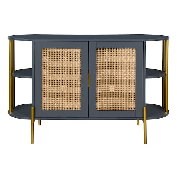 COWLOWN 47.2 in. W x 15.7 in. D x 31.1 in. H Dark Gray Linen Cabinet with Trim and 2-Woven Rattan Doors