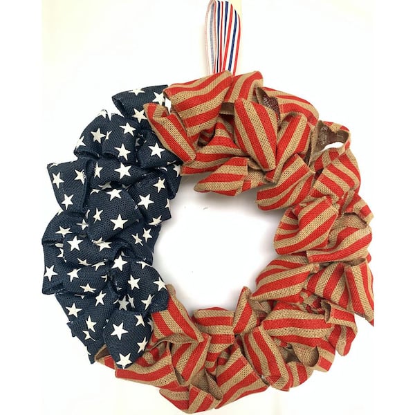 Glitzhome 22 in. Artificial US Red And Blue National Day Burlap Wreath