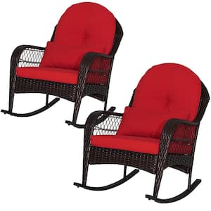 2-Pcs Wicker Outdoor Rocking Chair with Red Seat Back Cushions and Lumbar Pillow Balcony Patio