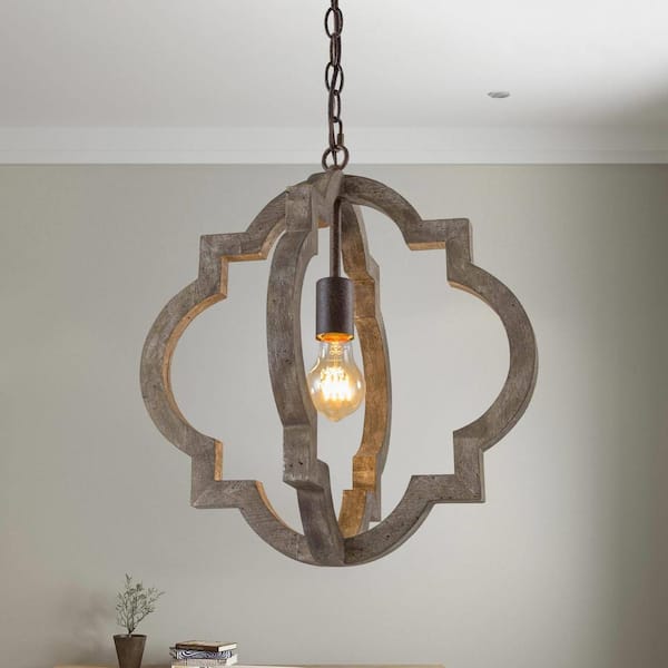 LNC Farmhouse 1-Light Rust Bronze Island Pendant Lantern with Solid Wooden Globe Cage for Foyer, LED Compatible