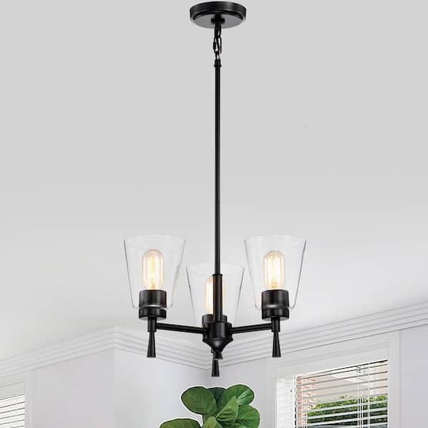 Edvivi Briarwood 3-Light Matte Black Modern Chandelier with Clear Cone Glass Shades
