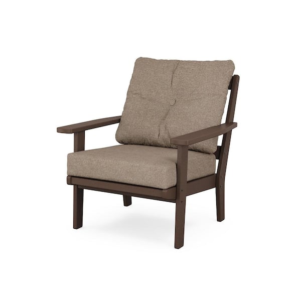 POLYWOOD Prairie Plastic Outdoor Deep Seating Chair in Mahogany with Spiced Burlap Cushion