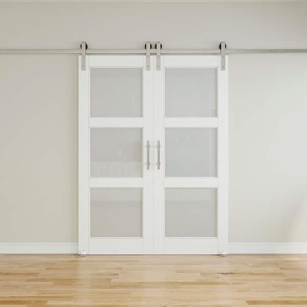 64 in. x 96 in. 3-Lite Frosted Glass White Primed MDF Sliding Barn Door with Hardware Kit Nickel Plated