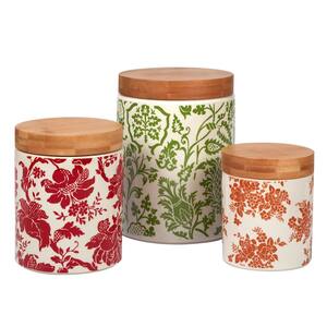 Damask Floral 3-Piece Canister Set with Bamboo Lids