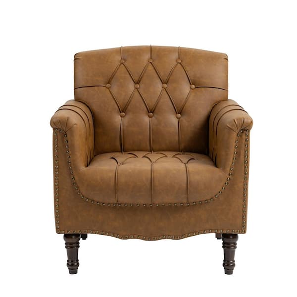 Mid-Century Light Brown Faux Leather Button Tufted Accent Arm Chair with Wood Legs (Set of 1)