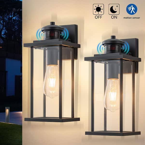 12in. Motion Sensing Dusk to Dawn Matte Black Outdoor Hardwired Wall Lantern Sconce with No Bulbs Included